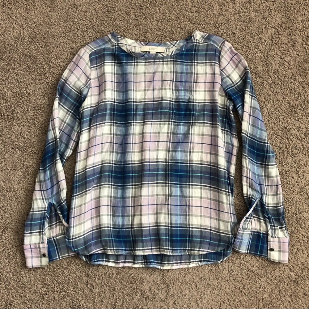 Loft Blue Lilac Plaid Top